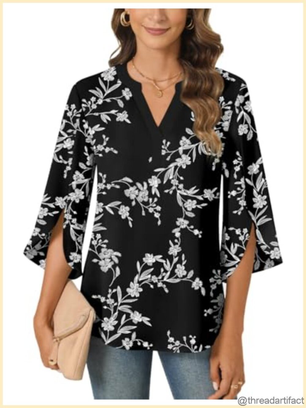 Womens Chiffon Blouse 3/4 Sleeve V Neck Tunic Top Loose Fit Summer Dressy
